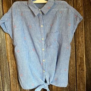 Blue Button-Up Shirt with Pink Embroidery